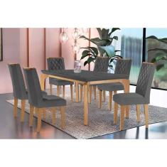 Mesa de Sala Jantar Londrina c/ Tampo Madeirado Vidro Canto Curvo 180x90cm e 6 cadeiras Jade Imbuia/Grafite - Linho Grafite - Rufato