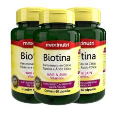 Kit 03 Biotina Cabelo Unhas E Vitaminas+Acido Fólico 60Caps - Maxinutr