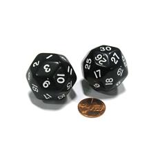Koplow Games Set of 2 Triantakohedron D30 30 Sided 33mm Jumbo Dice - Black w White Numbers