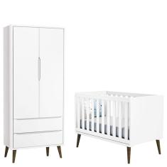 Berço Americano e Guarda Roupa 2 Portas Infantil Theo Branco Acetinado com Pés Amadeirado – Reller