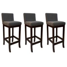 Kit 3 Banquetas Alta Estofada de Madeira Capuccino Melody Suede Cinza 