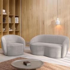 Conjunto 1 Sofá Living 160cm E 1 Poltrona íbis Encosto Fixo Bouclê Cinza G33 - Gran Belo