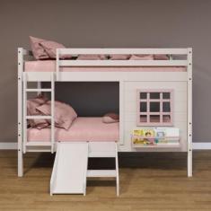 Beliche Infantil Com Janela E Escorregador Madeira Maciça Branco/ Rosa