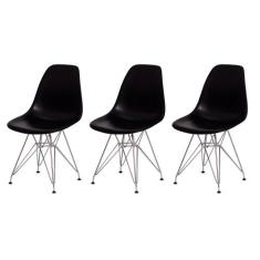 Kit 3 Cadeiras Eiffel Eames Preta Base Cromada Sala Cozinha Jantar - W