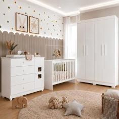 Quarto de Bebê com Berço Mini Cama, Cômoda 1 Porta 4 Gavetas e Roupeir