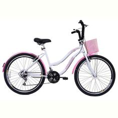 Bicicleta Retrô Vintage Aro 26 18v Feminina Beach Rosa com Branco