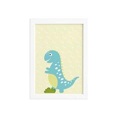 Quadro Infantil Dinossauro Baby Turquesa 22x32 Moldura Branca