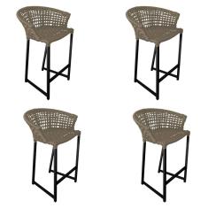 Kit 4 Banquetas Reis em Corda Náutica e Base em Alumínio Preta para Área Gourmet - Externa Rami