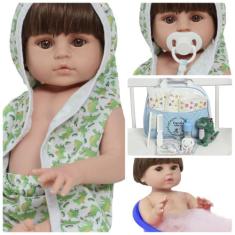Boneco Tipo Reborn Cabelo Castanho Enxoval Jacare Completo - Cegonha R