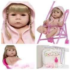 Boneca Reborn Realista Loira Saída De Banho Kit Carrinho - Cegonha Reb