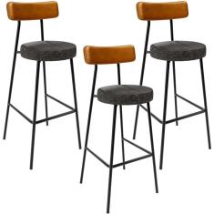 Kit 03 Banquetas Alta Cozinha Sala De Jantar Milão L02 Couríssimo Whisky Linho Chumbo