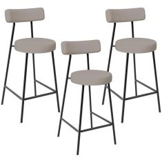 Kit 03 Banquetas Baixa Para Cozinha Sala De Jantar Bancada Milão L02 Linho Bege