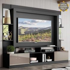 Rack c/ Painel e Suporte TV 65&quot; Prateleiras c/ Espelho Oslo Multimóveis Preto/Lacca Fumê