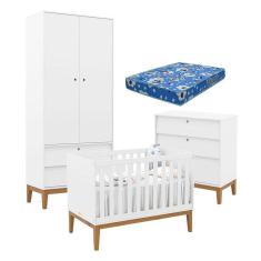 Quarto de Bebe Unique 2 Portas com Cômoda Gaveteiro Branco Soft Eco Wood e Colchão Ortobom - Matic