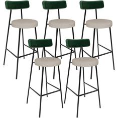 Kit 05 Banquetas Alta Cozinha Bar Sala Jantar Milão L02 Facto Verde Musgo Linho Bege - Lyam Decor