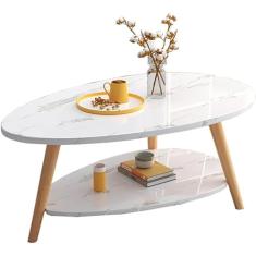 Mesa de centro doméstica, mesa oval de madeira com prateleiras abertas para armazenamento e exibição mesa de sofá de 2 níveis, móveis pequenos e modernos, sala de estar e escritório em casa