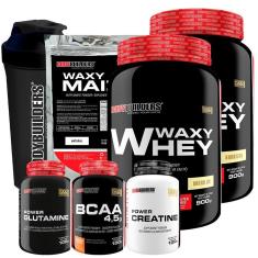 KIT 2x Whey Protein Waxy Whey + BCAA + Creatina + Waxy Maize + Glutamina + Coqueteleira - BB-Unissex