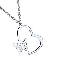 Colar de amor com borboleta COMTRUDE e pingente de aço inoxidável de simplicidade moderna com artesanato vazado (prata)