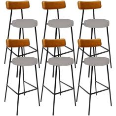 Kit 06 Banquetas Alta Cozinha Sala Jantar Aço Milão L02 Couríssimo Whisky Linho Bege - Lyam Decor