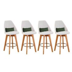 Kit 04 Banquetas Linho Bege E Almofada Suede Verde Musgo