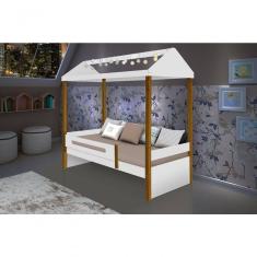 Cama Casa Sara Branco/Mel Com Cordão De Luzes Led Com Colchão