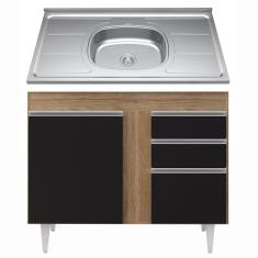 Balcão Gabinete Com Pia Inox 100cm 3 Portas 2 Gavetas Luziania Castanho/Preto - Lumil Móveis