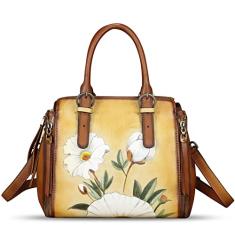 Bolsa feminina de couro genuíno pintada à mão com alça superior, bolsa tiracolo feita à mão, Padrão 1, Medium