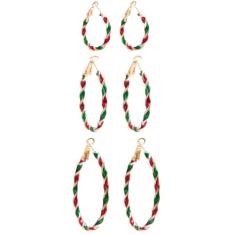 3 pares de brincos de argola de Natal para mulheres, brincos de argola de ouro torcido, enfeite de Natal, enfeite de Natal, vermelho e verde, conjunto de joias para presente, 5*2CM, Metal, Sem pedra