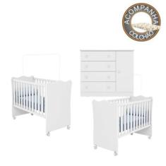 Quarto de Bebê Berço Gemeos c/ Rodízios Colchão Nana Nenem e Cômoda Do