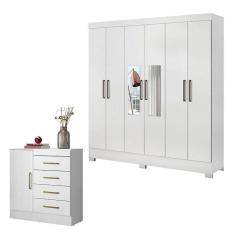 Cômoda Montevidéu e Guarda Roupa Casal Prático Branco com Espelho - Demóbile
