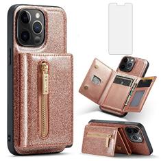 Capa carteira para iPhone 12 Pro Max 6,7 com protetor de tela de vidro temperado e compartimento para cartão de crédito com glitter celular iPhone12promax 5G i 12s Plus iPhone12 12pro Promax mulheres