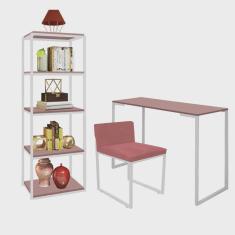 Kit Escritório Ravi 1 Cadeira Suede Rose com 1 Mesa e 1 Livreiro Ferro Branco mdf Rose Rosa - Ahazzo Móveis