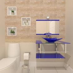 Gabinete de Vidro 80cm Inox com Cuba Retangular Azul Escuro