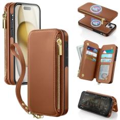 Antsturdy Capa carteira destacável 2 em 1 para iPhone 15 com Magsafe, bloqueio de RFID, carregador magnético, sem fio, capa de telefone de couro PU, capa flip com suporte para cartão, alça de pulso