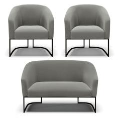 Sofá Namoradeira e 2 Poltronas Base Industrial Preto Stella Suede D03 - D`Rossi