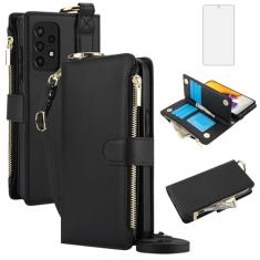 Asuwish Capa de telefone para Samsung Galaxy A52/A52S 5G Carteira com zíper com protetor de tela de vidro temperado, alça transversal, suporte para cartão, capa flip A 52 S 4G G5 52A S52 52S mulheres