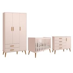 Dormitório Infantil Isis Guarda Roupa 3 Portas, Cômoda 1 Porta E Berço Rosa - Reller Móveis Rosa