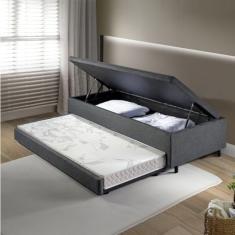 Bicama com Baú Solteirão Reforçado 96x203 Cm em Linho Cinza