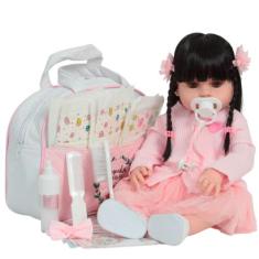 Boneca Reborn Realista Morena 46cm Enxoval Completo Rosa - Cegonha Reb