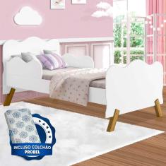 Cama Juvenil Infantil Pés Em Madeira Angel Branca Com Colchão Probel Guarda Costas