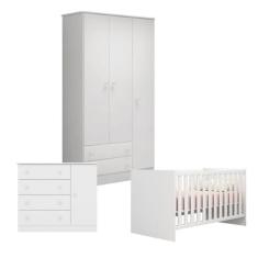 Kit Quarto de Bebê Completo Berço 1344 sem Rodízios , Guarda Roupa 2617 e Cômoda 2561 Linha Doce Sonho Qmovi