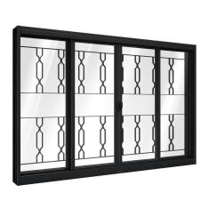 Janela de Aço de Correr Central com Grade Mosaico 4 Folhas 100x120cm Aço Pronto Riobras Preto
