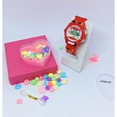 Relógio Infantil Digital Menina Esporte Silicone + Kit Miçangas Coloridas para Montar Colar Pulseiras Anél Fio Silicone