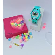 Relógio Infantil Digital Menina Esporte Silicone + Kit Miçangas Coloridas para Montar Colar Pulseiras Anél Fio Silicone