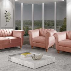 Conjunto Realeza Sofá com Poltronas Chesterfield Decoração Rose