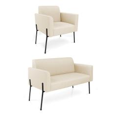 Sofá Namoradeira E Poltrona Pé De Ferro Preto Marisa Linho Bege D03 - D`rossi