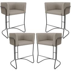 Kit 04 Banquetas Baixa Base de Aço Preto Betina D02 Linho Bege D-463 - Lyam Decor