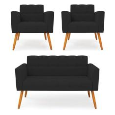 Kit 1 Sofá Namoradeira E 2 Poltronas Elisa Veludo Pés Palito Castanho - D`rossi Cor Preto