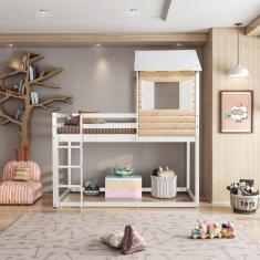 Cama Alta Infantil Club House Wood Branco/Natural - Casatema, Branco