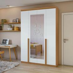 Guarda Roupa Solteiro Ambiente Alonzo 4 Portas Amêndoa Clean Branco com Espelho - Lopas